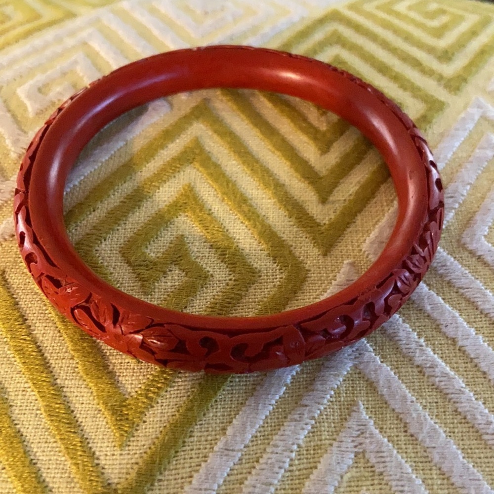 Vintage Carved Cinnabar Colored Lacquer Bangle